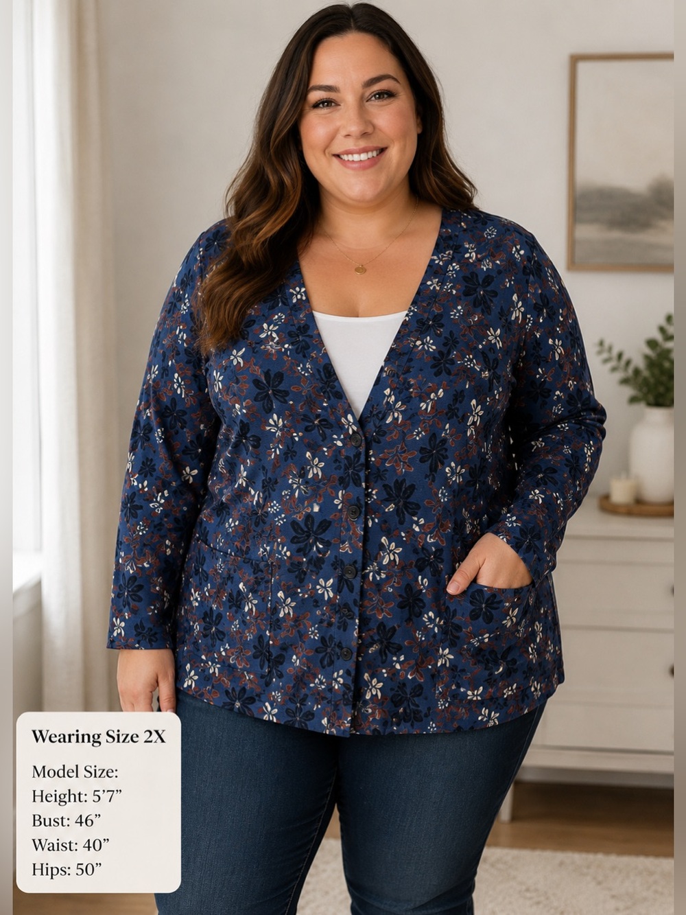 Hastings & Smith Blue Floral Button Front Cardigan Jacket Size 2X